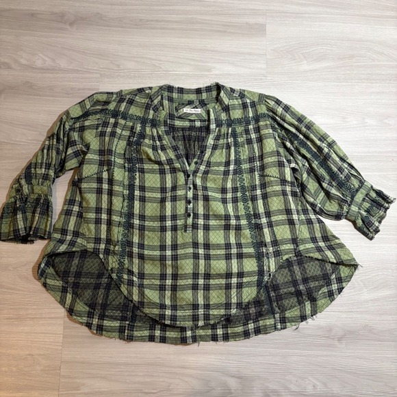 We The Free Tops - Free People Blouse Women Green Plaid Embroidered Henley Boho Raw Hem Size S